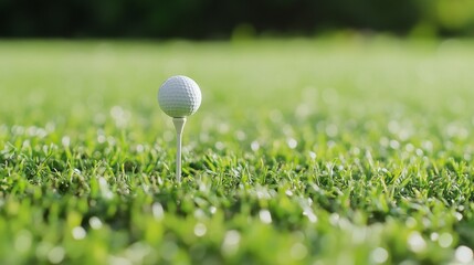 A golf tee with teed-up golf ball, outdoor setting on neatly manicured green, Tranquil style