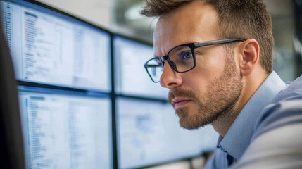 An IT manager reviewing the progress of multiple ongoing projects, using dashboards to monitor status and allocate resources effectively