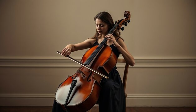 Elegant young cellist in black dress performing with her instrument against neutral backdrop. Professional musician captured in intimate moment of artistic expression, perfect for culture media