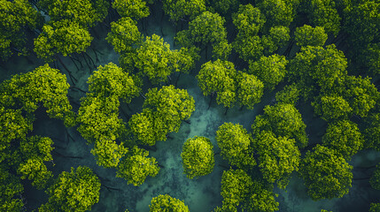Naklejka premium Bottom-up view green mangrove forest canopy. Natural carbon sink fight climate change. Sustainability in carbon-neutral ecosystems. Green and sustainable environment. Natural carbon capture solution.