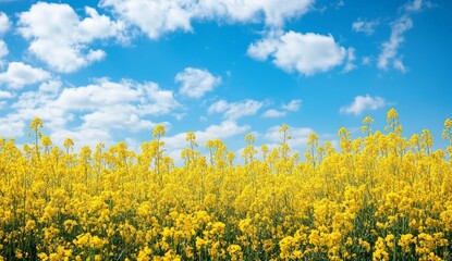 Vibrant yellow rapeseed field under blue sky with clouds scenic spring landscape