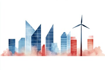 Urban skyline with solar-powered buildings, showcasing advancements in sustainable energy for city infrastructure