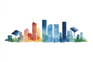 Urban skyline with solar-powered buildings, showcasing advancements in sustainable energy for city infrastructure
