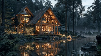 Fototapeta premium Luxurious lakeside cabin with warm glowing interiors reflecting in still waters at dusk. Modern timber frame architecture harmoniously blends with misty forest landscape, epitomizing cozy wilderness