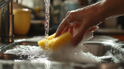 Fototapeta premium A hand washes a sponge in a sink. This photo is perfect for illustrating the process of cleaning or for demonstrating the use of dish soap.