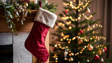 Festive mantel with red stocking and greenery glowing Christmas tree in soft focus creating a cozy holiday atmosphere that captures the warmth of traditional Christmas decor.