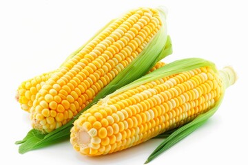 Close-up of three fresh corn cobs with husks attached, showcasing their vibrant yellow kernels on a white background.
