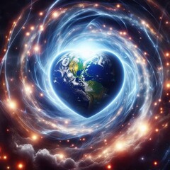 Obraz premium Earth as a giant glowing heart surrounded by swirling lights in the cosmos