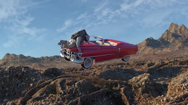 Retro car with astronauts under the gravity of another planet