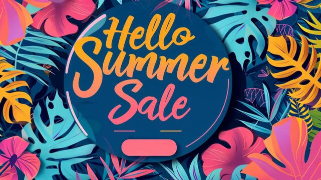 Engaging Hello Summer Sale Display with Circular Text Arrangement on a Tropical Patterned Backdrop. With copy space for %