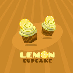 National Lemon Cupcake Day to celebrate on December 15th. Delicious lemon with lemon slice topping on brown background. Food event banner.