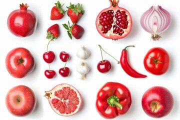 A visually striking collection of red fruits and vegetables, including pomegranate, strawberries, red peppers, and cherries.