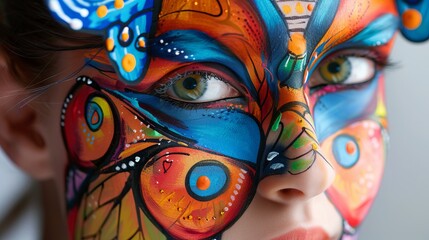 A painted butterfly on the face of a girl