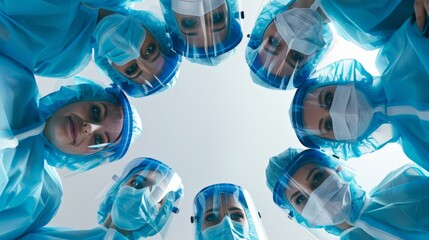 A group of healthcare professionals in full protective gear, including masks and face shields, standing in a circle looking down at the camera.