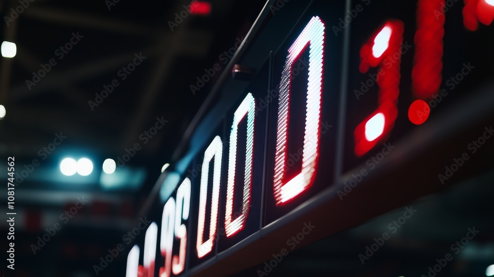 Poster a gymnasium's basketball scoreboard with a focus on the numbers and display, indoor setting with bri