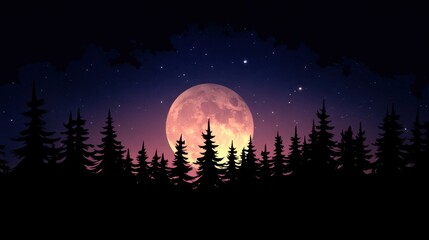 Naklejka premium A serene night scene with a bright full moon illuminating a silhouetted forest of tall pine trees against a deep indigo sky, sprinkled with twinkling stars, evokes peace and solitude.