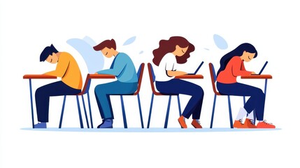 A stylish illustration shows four diverse students at desks, engaged with laptops in a minimalistic setting. image embodies education, teamwork, and modern study habits.
