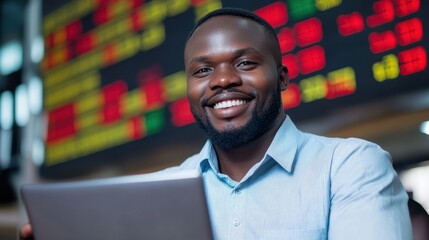 Fototapeta premium Cheerful young african man in light blue checkered shirt sits at desk with laptop, smiling at the camera. behind him, glowing stock market display highlights dynamic financial environment.