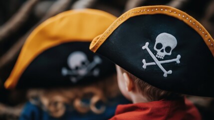 Close-up of two children in playful pirate costumes, showcasing vibrant orange and classic black hats against softly blurred natural backdrop. perfect for childhood and adventure themes.