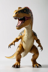 A toy dinosaur with its mouth open on a white surface.