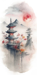 Minimalist Japanese art print with a large red sun and traditional pagodas, perfect for wall decor. Adds a touch of culture and simplicity to any space.