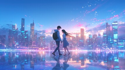 A young couple silhouetted against a cityscape at dusk, looking at each other with love and affection.