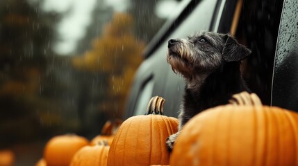 A small dog looks out from a vehicle amidst fall pumpkins, set against a rainy backdrop, capturing a cozy autumn scene.