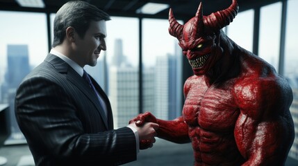 Modern office scene shows confident businessperson in sharp suit shaking hands with menacing, red demon-like creature, symbolizing power dynamics and the clash between good and evil.