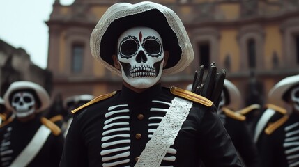 vibrant scene from Day of the Dead festivities features participants in elaborate costumes inspired by historical soldiers, complete with intricately painted skull makeup and colorful headdresses.