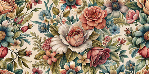 Fototapeta premium A beautifully detailed vintage floral pattern with roses, blossoms, and intricate leaves. Perfect for wallpapers, fabric design, or stationery.