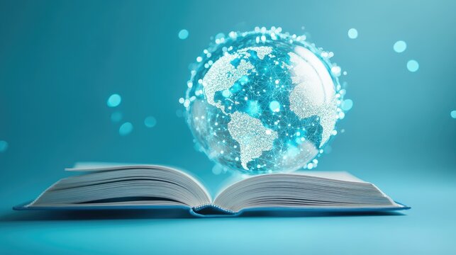 Futuristic global education with open book and planet map on blue background