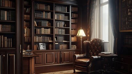 Cozy home library study with dark wooden shelves, leather armchair, reading lamp, warm lighting, and vintage decor, old-world study ambiance