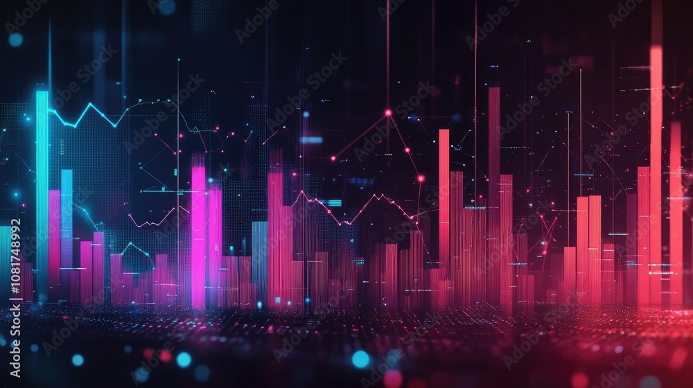 Poster abstract depiction of financial graphs and charts in neon colors