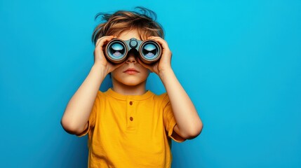 Young boy looking through binoculars. Perfect for a concept of exploration, discovery, or searching.