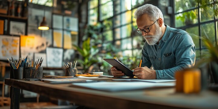 A senior man working in a cozy, creative studio filled with art supplies, carefully sketching or planning on a tablet, symbolizing dedication to art and lifelong creativity.