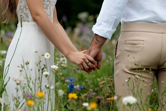 A couple holding hands in a vibrant field of wildflowers, symbolizing love, connection, and commitment in a natural, romantic setting, blending the beauty of nature with intimate connection.