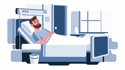 a hospitalized man lying in bed, with a white background space out