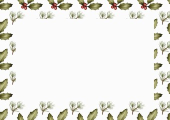 Holly and pine border design for festive holiday cards or invitations