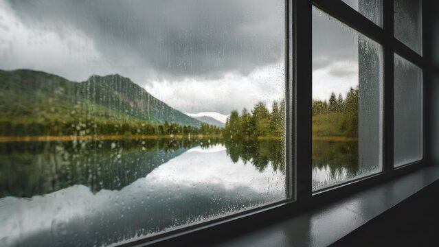 A window with a beautiful scenery outside with rain