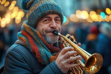 Músico callejero tocando la trompeta en una tarde de invierno