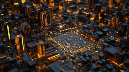 Neon-lit circuit boards a cityscape