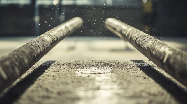 A gymnastics parallel bars with chalk dust, indoor setting with studio lighting, Elegant style