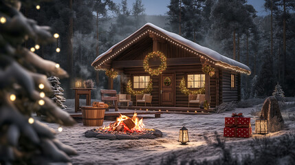 Obraz premium 3D Decorated house with fireplace and christmas tree, Christmas celebration background illustration.