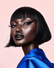 High Fashion Portrait of Black Woman in Blue Silk, Pink Background