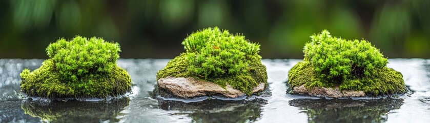 Three clusters of vibrant green moss on stones, showcasing natural beauty and tranquility.