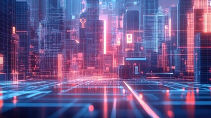 Fototapeta premium Futuristic cityscape with digital blueprints overlay