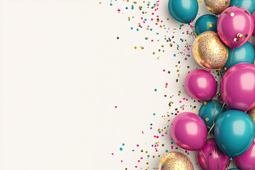 cream color background with balloons in hot pink, teal and gold colors as top border of image banner copyspace birthday