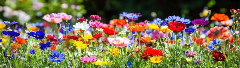 A vibrant field of colorful flowers in full bloom, showcasing nature's beauty.