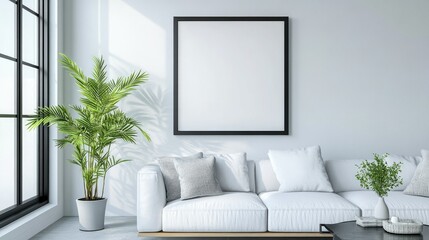 Minimalist living room with a blank wall frame and a single plant