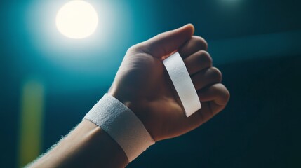 A gymnast's wrist tape with focus on the adhesive texture, indoor setting with focused spotlight, Artistic style